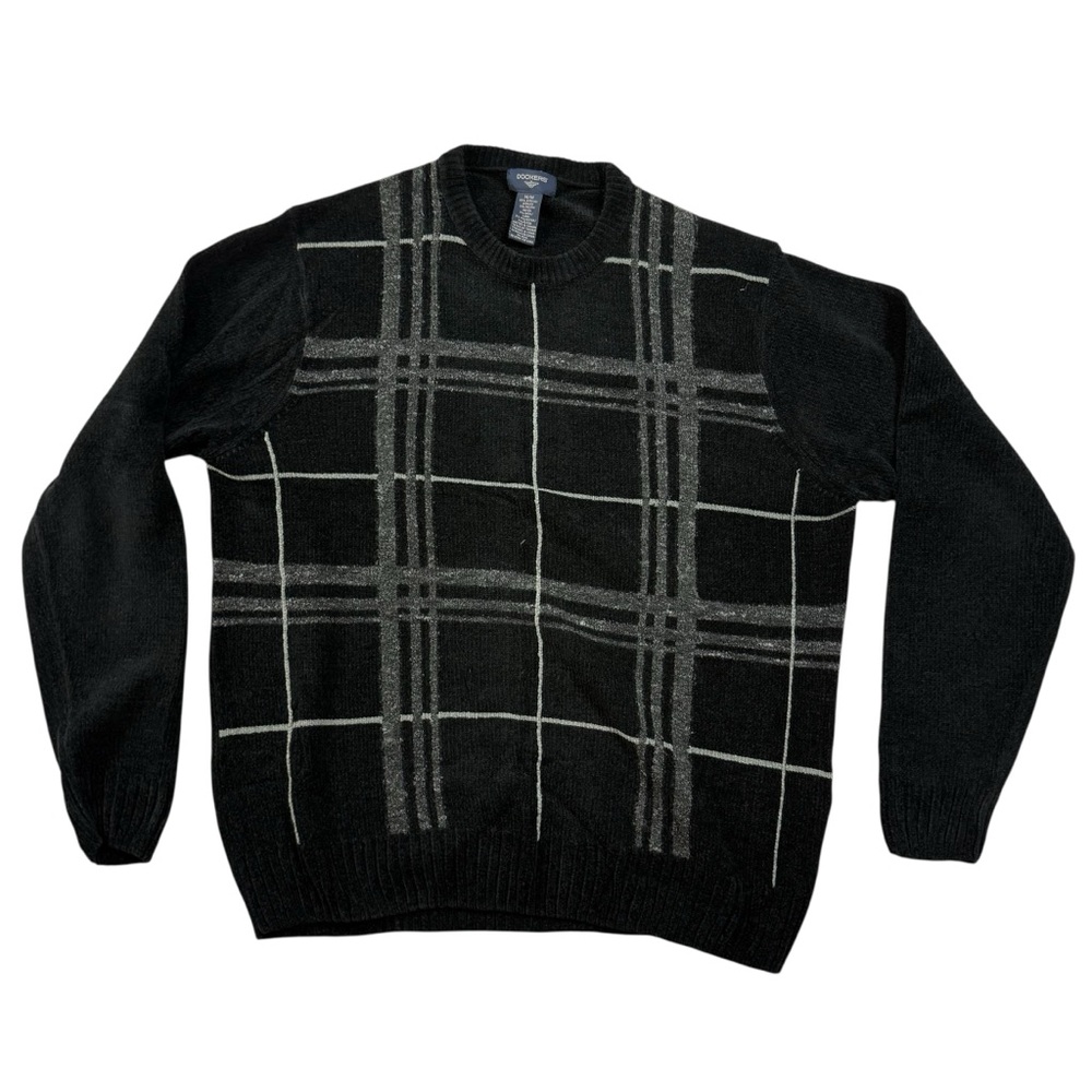 Dockers Classic Plaid Crewneck Sweater Black & Gray Windowpane Wool Men’s Medium